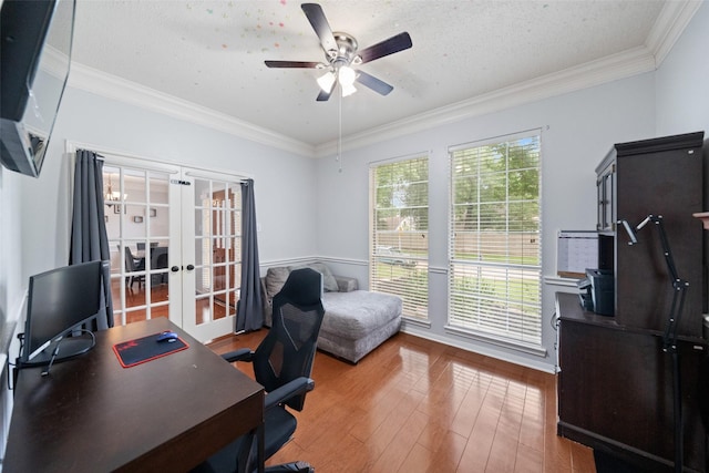 3714 Cedar Glen Ln, Spring, TX 77388 - home office with french doors, a ceiling fan, crown molding, wood finished floors, and wainscoting