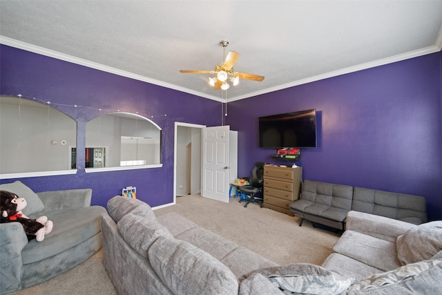 3714 Cedar Glen Ln, Spring, TX 77388 - living room featuring carpet, a ceiling fan, ornamental molding, and baseboards