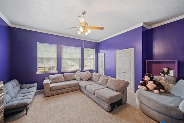 3714 Cedar Glen Ln, Spring, TX 77388 - carpeted living room featuring ceiling fan, a textured ceiling, and crown molding