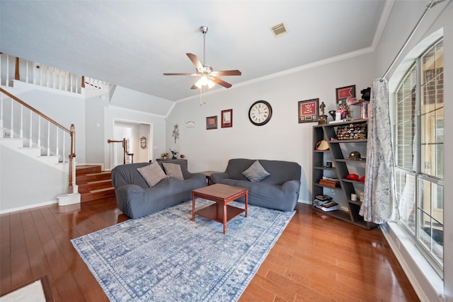 3714 Cedar Glen Ln, Spring, TX 77388 - living area featuring wood finished floors, ceiling fan, stairway, crown molding, and baseboards