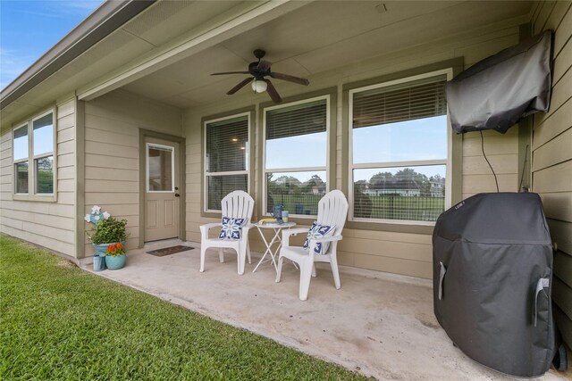 view of patio with a ceiling fan and area for grilling