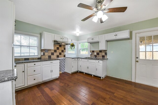 kitchen featuring backsplash, dark wood-style flooring, and white cabinetry