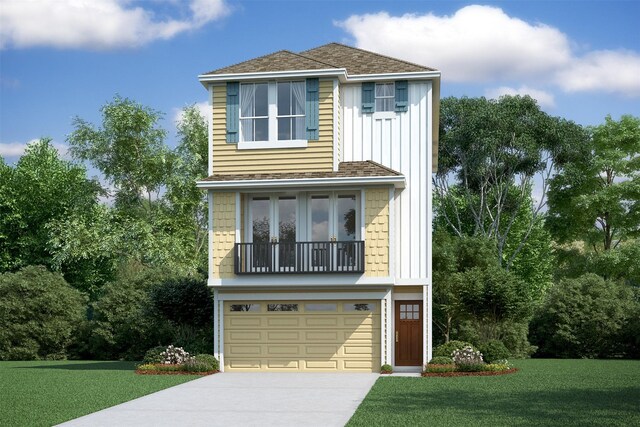 view of front of home with an attached garage, a shingled roof, a front lawn, and driveway