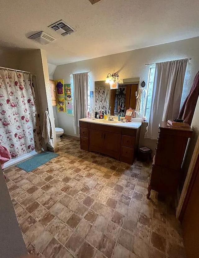 bathroom with vanity, stone tile floors, visible vents, and toilet