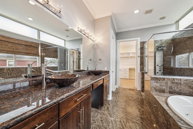 1033 Herkimer St, Houston, TX 77008 - full bath with crown molding, a jetted tub, a stall shower, and visible vents