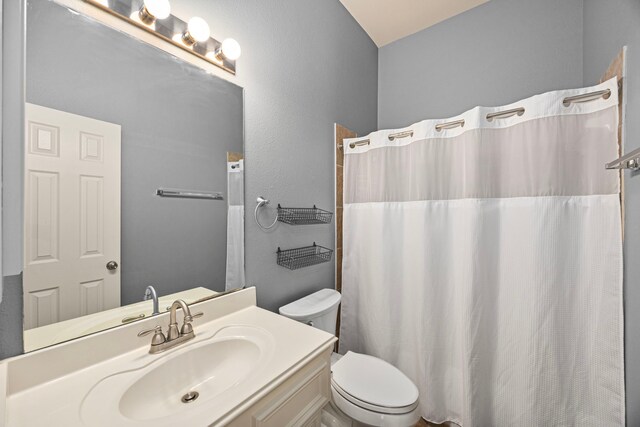 full bath featuring toilet, curtained shower, and vanity