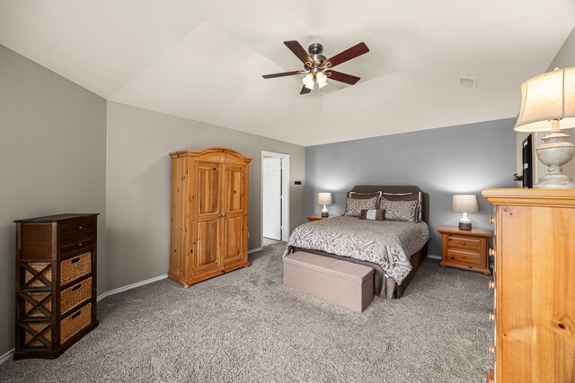 bedroom featuring ceiling fan, visible vents, baseboards, lofted ceiling, and carpet