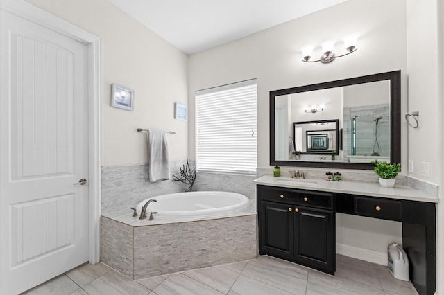 full bath featuring vanity, tile patterned flooring, a shower stall, and a bath