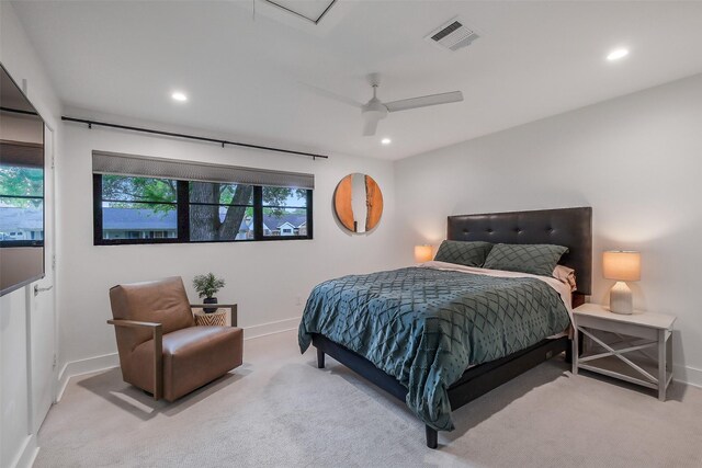 carpeted bedroom featuring recessed lighting, baseboards, and visible vents