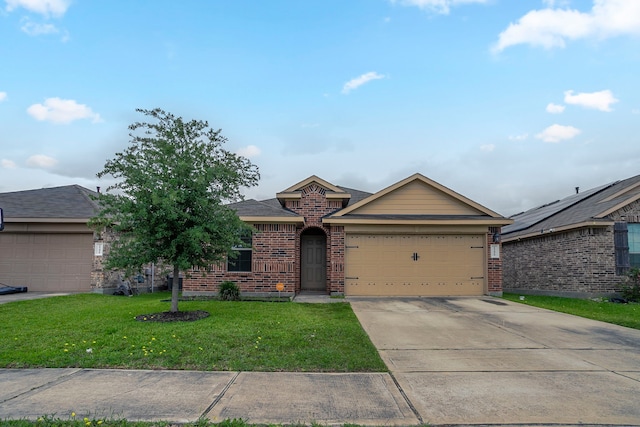 ranch-style house with concrete driveway, brick siding, a garage, and a front lawn