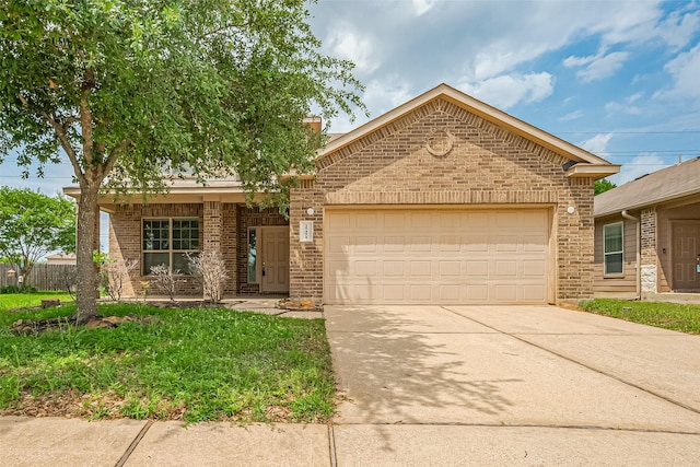 25451 Dappled Filly Dr, Tomball, TX 77375 - ranch-style home featuring a garage, concrete driveway, a porch, and brick siding