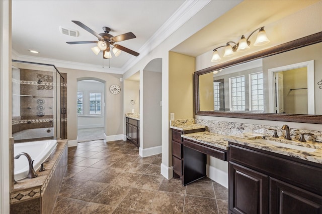 bathroom with ceiling fan, visible vents, a stall shower, vanity, and ornamental molding