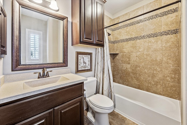 bathroom with toilet, shower / bath combo, and vanity