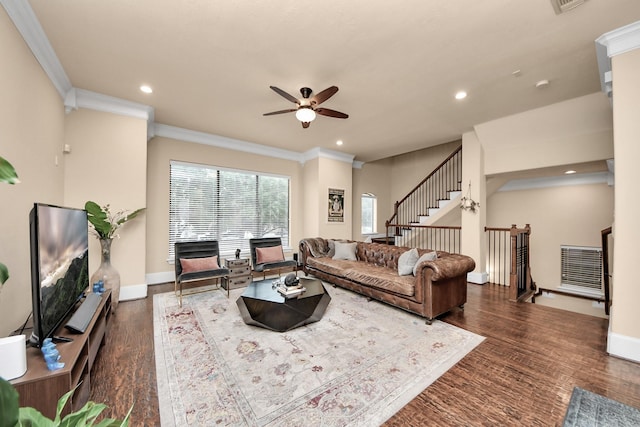 5341 Nolda St Unit E, Houston, TX 77007 - living room featuring stairway, ornamental molding, a ceiling fan, and recessed lighting