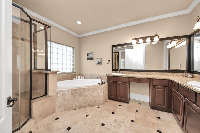 5341 Nolda St Unit E, Houston, TX 77007 - full bath with double vanity, a garden tub, a sink, crown molding, and a shower stall