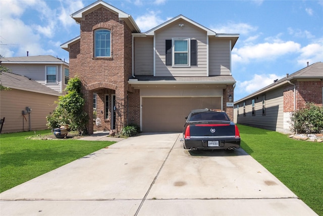 9530 Tipton Sands Dr, Humble, TX 77396 - traditional home with concrete driveway, brick siding, a front lawn, and a garage