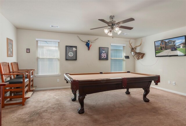 9530 Tipton Sands Dr, Humble, TX 77396 - rec room featuring carpet, a healthy amount of sunlight, billiards, and ceiling fan