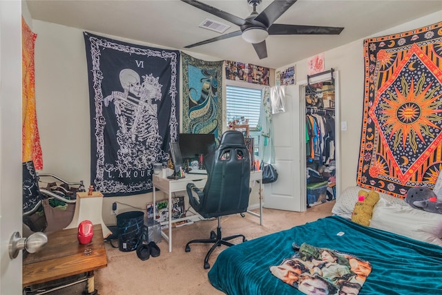 9530 Tipton Sands Dr, Humble, TX 77396 - bedroom with a closet, visible vents, a ceiling fan, and carpet floors