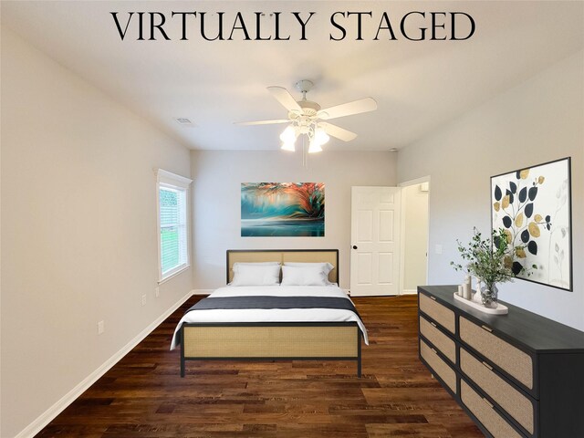 bedroom featuring visible vents, a ceiling fan, baseboards, and wood finished floors