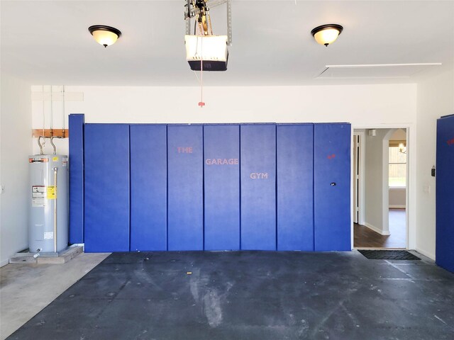 garage with a garage door opener and water heater