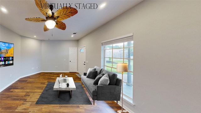 9267 Inlet Cir, Montgomery, TX 77356 - living area with ceiling fan, recessed lighting, wood finished floors, and baseboards