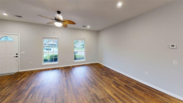 9267 Inlet Cir, Montgomery, TX 77356 - entryway with ceiling fan, dark wood finished floors, baseboards, and recessed lighting
