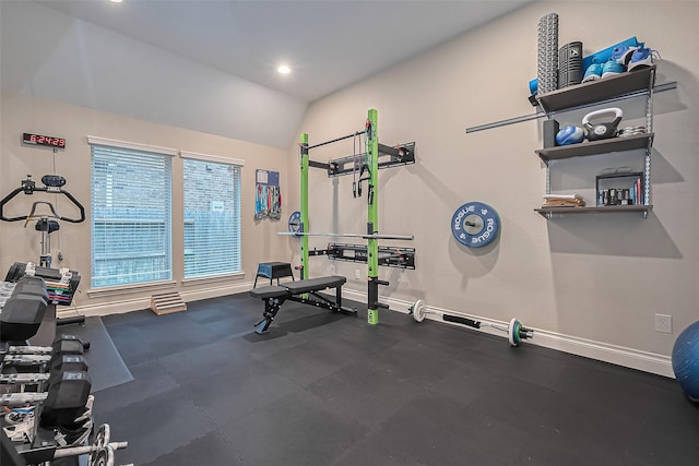 11918 Forest Moon Dr, Cypress, TX 77433 - workout room with baseboards, vaulted ceiling, and recessed lighting