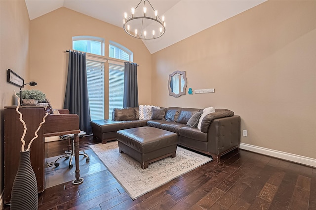 living area with baseboards, dark wood finished floors, lofted ceiling, and a chandelier