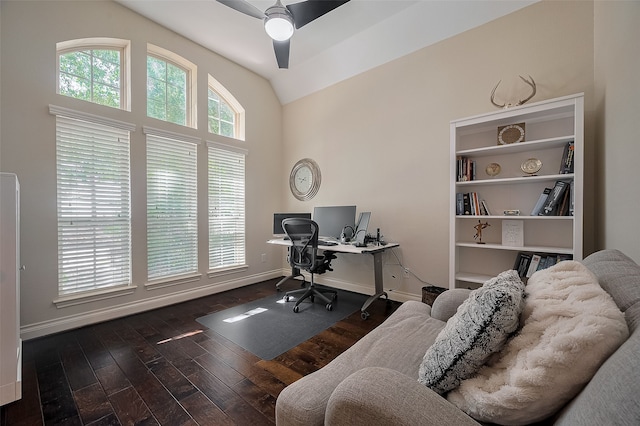 11918 Forest Moon Dr, Cypress, TX 77433 - office area with ceiling fan, hardwood / wood-style floors, vaulted ceiling, and baseboards