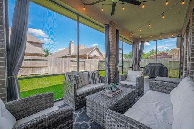 11918 Forest Moon Dr, Cypress, TX 77433 - sunroom / solarium with an outdoor hangout area, a ceiling fan, and rail lighting
