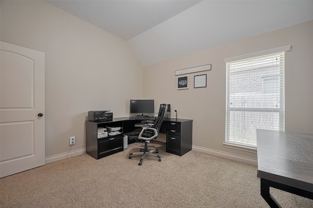 11918 Forest Moon Dr, Cypress, TX 77433 - carpeted home office featuring lofted ceiling and baseboards
