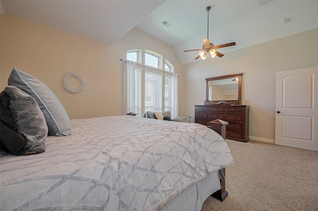11918 Forest Moon Dr, Cypress, TX 77433 - bedroom featuring carpet floors, high vaulted ceiling, baseboards, and ceiling fan