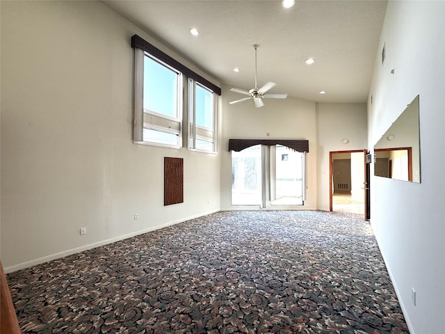 7110 W Mockingbird Ln, Pearland, TX 77584 - unfurnished room featuring carpet, a ceiling fan, recessed lighting, a high ceiling, and baseboards
