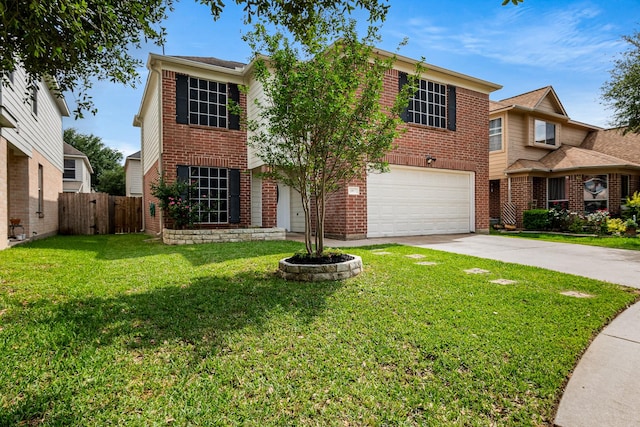 19627 Lighthouse Scene Ln, Cypress, TX 77433 - traditional home featuring fence, brick siding, a garage, a front yard, and concrete driveway