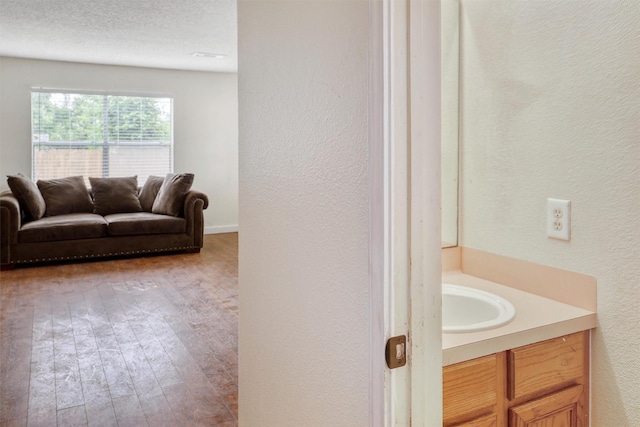 bathroom with a textured ceiling, a textured wall, wood finished floors, and vanity