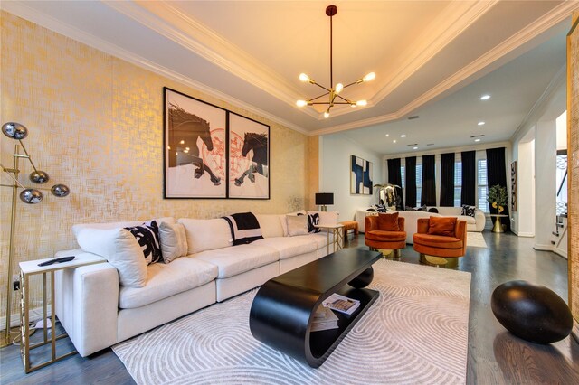 living room with crown molding, recessed lighting, dark wood-style flooring, and a notable chandelier