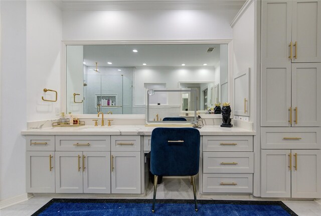 full bathroom with visible vents, a shower stall, vanity, tile patterned floors, and ornamental molding