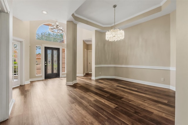 3515 Emerald Falls Ct, Houston, TX 77059 - foyer featuring a chandelier, dark wood finished floors, baseboards, ornamental molding, and recessed lighting