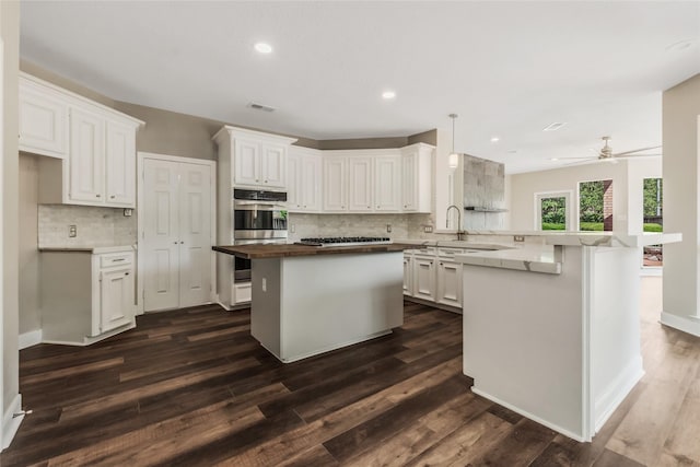 3515 Emerald Falls Ct, Houston, TX 77059 - kitchen featuring appliances with stainless steel finishes, a peninsula, backsplash, white cabinetry, and dark wood finished floors