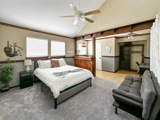 6803 Las Brisas Dr, Houston, TX 77083 - bedroom featuring light wood-type flooring, ceiling fan, and vaulted ceiling