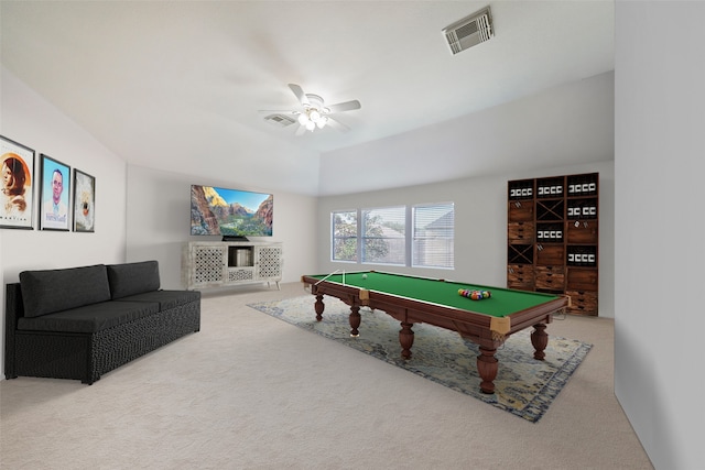 playroom with carpet floors, ceiling fan, visible vents, and billiards