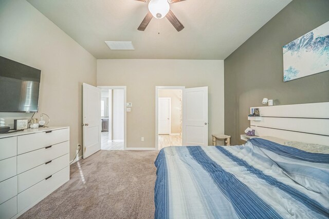 bedroom featuring baseboards, ceiling fan, and light carpet