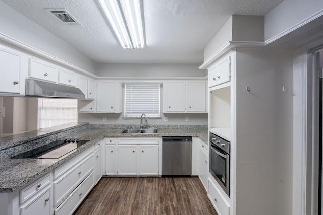 kitchen with visible vents, dark wood-type flooring, under cabinet range hood, a sink, and appliances with stainless steel finishes