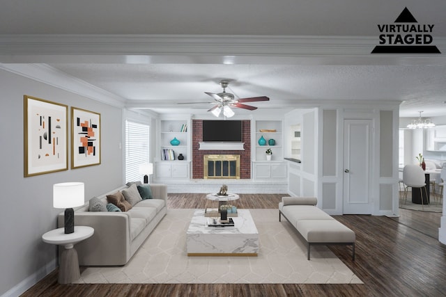 15807 Ripplewind Ln, Houston, TX 77068 - living area with wood finished floors, baseboards, a ceiling fan, a fireplace, and a chandelier