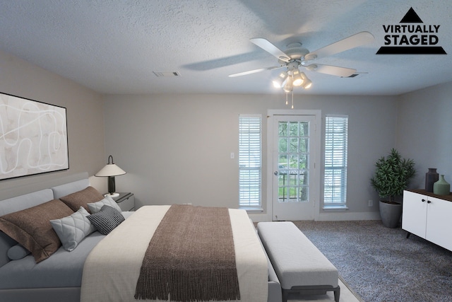 15807 Ripplewind Ln, Houston, TX 77068 - bedroom featuring carpet flooring, access to exterior, a ceiling fan, a textured ceiling, and baseboards
