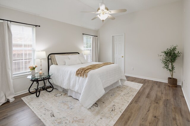 3107 Pleasant Forest Dr, College Station, TX 77845 - bedroom featuring baseboards, ceiling fan, wood finished floors, and lofted ceiling