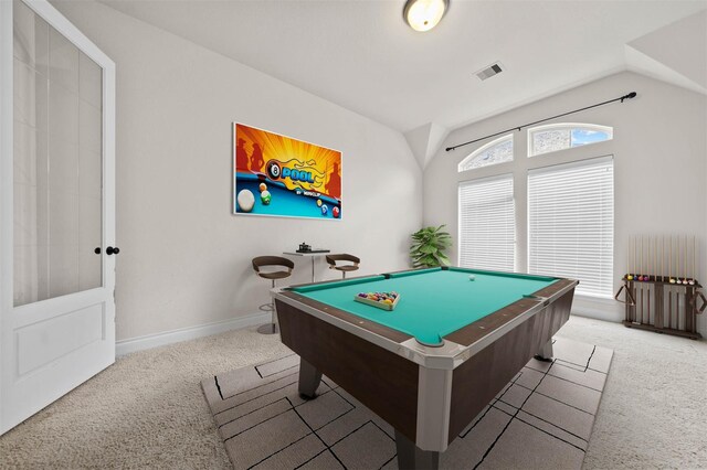 11018 Croftmore Dr, Richmond, TX 77407 - game room featuring visible vents, lofted ceiling, baseboards, billiards, and carpet