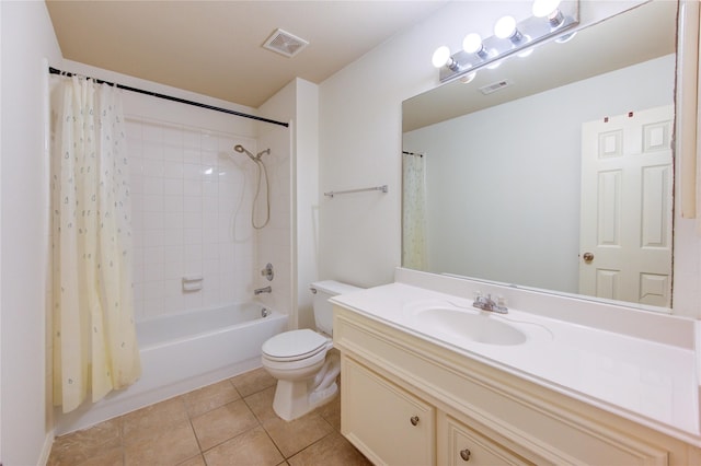 bathroom featuring shower / bath combination with curtain, visible vents, tile patterned flooring, vanity, and toilet