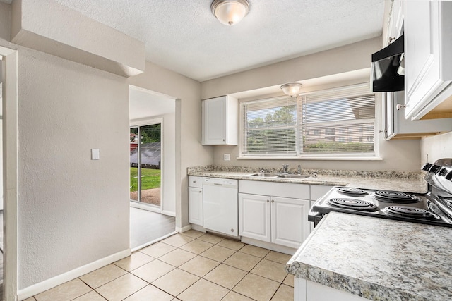 kitchen with white cabinets, white dishwasher, stainless steel electric range, a sink, and extractor fan