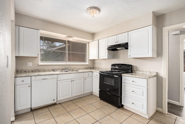 kitchen featuring electric range, dishwasher, a sink, white cabinets, and under cabinet range hood
